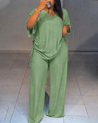 Women's Textured 2 Piece Outfits V Neck Drawstring Ruched Top and Wide Leg Pants Set Casual Loose Loungewear