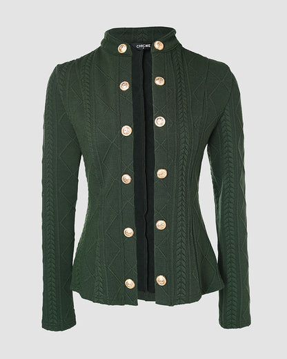 Metal Double Breasted Decor Stand Collar Argyle & Cable Textured Coat