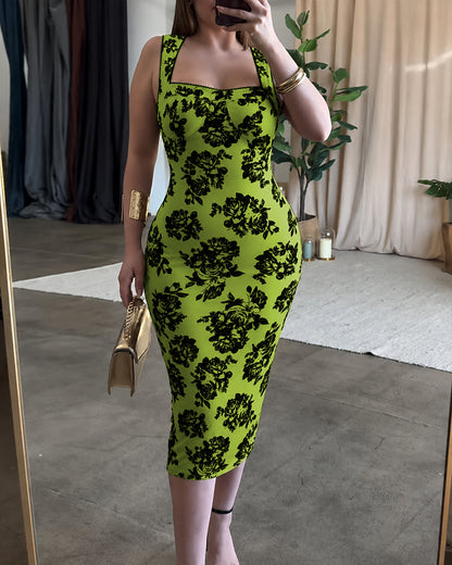 Women's Vintage Flocking Rose Midi Dress Square Neck Sleeveless Bodycon Dress Elegant Club Party Gown