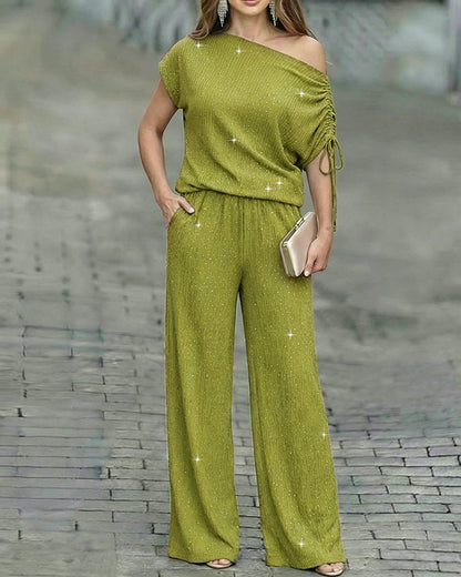 Women's Two-Piece Rhinestone Lounge Suit Skew Neck Top and Wide-Leg Pant Set Elegant Commuter Outfit with Pockets