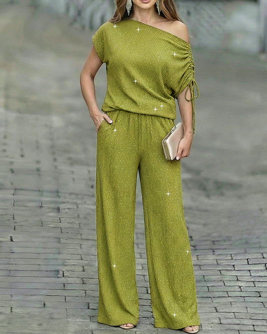 Costume de salon deux pièces en strass pour femmes, ensemble haut à col incliné et pantalon à jambes larges, tenue de banlieue élégante avec poches