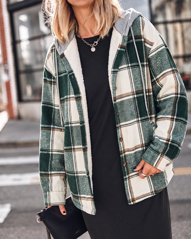 Kariertes Muster, langärmelige Shacket-Knöpfe, Fleece-gefütterte Kapuzenjacken, warmer Mantel