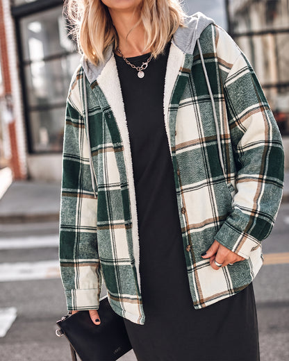 Kariertes Muster, langärmelige Shacket-Knöpfe, Fleece-gefütterte Kapuzenjacken, warmer Mantel