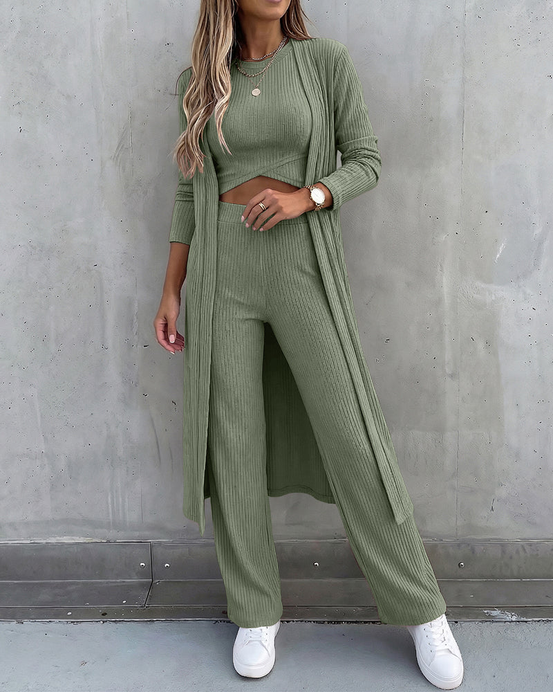 Women's 3 Piece Knit Set Long Cardigan Criss Cross Crop Tank Top and Wide Leg Pants Casual Ribbed Brushed Lounge Set