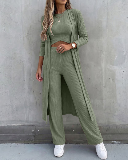 Women's 3 Piece Knit Set Long Cardigan Criss Cross Crop Tank Top and Wide Leg Pants Casual Ribbed Brushed Lounge Set