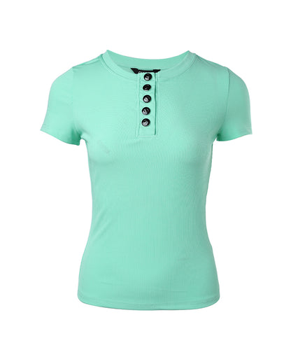 Women's Henley Short Sleeve Top Slim Fit Ribbed Knit Casual T-Shirt