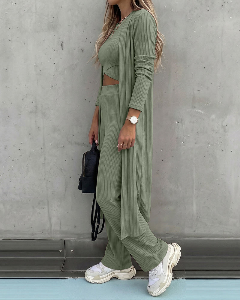 Women's 3 Piece Knit Set Long Cardigan Criss Cross Crop Tank Top and Wide Leg Pants Casual Ribbed Brushed Lounge Set