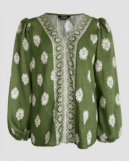 Vintage Baroque Placement Print V-Neck Lantern Sleeve Blouse Casual Long Sleeve Loose Fit Boho Top