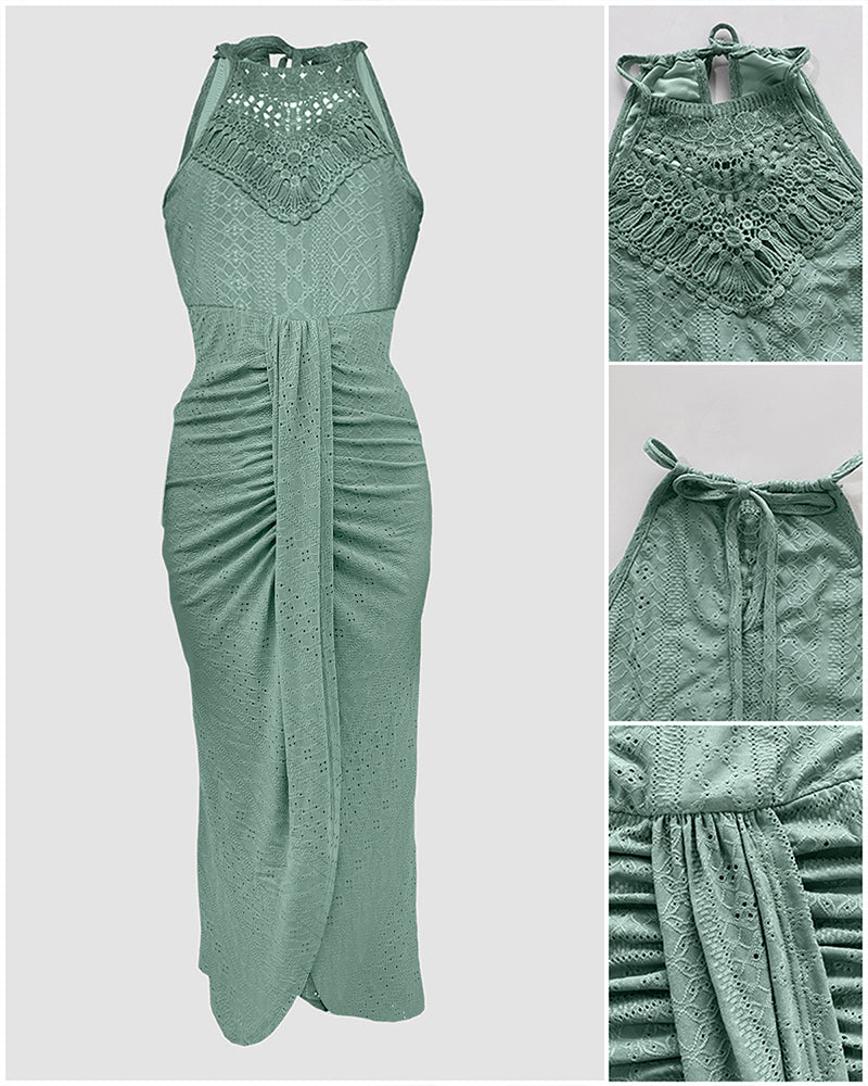 Halter Tie Criss Cross Front Ruched Knit Jacquard Textured Slit Dress Casual Hollow-out Draped Vacation Dress