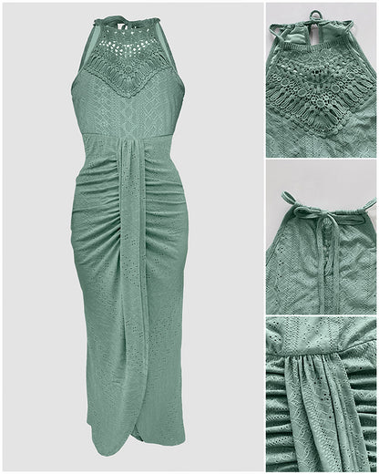 Halter Tie Criss Cross Front Ruched Knit Jacquard Textured Slit Dress Casual Hollow-out Draped Vacation Dress