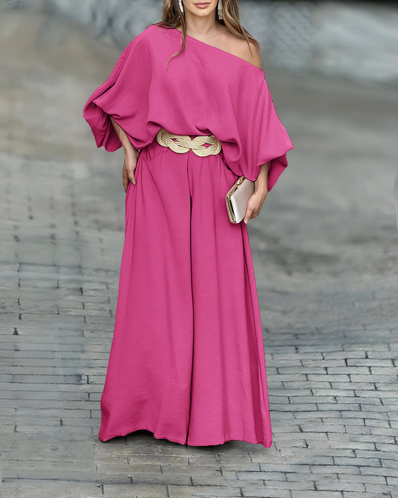 Skew Neck Lantern Sleeve Loose Top & Zipper Fly Wide Leg Pants Set Without Belt