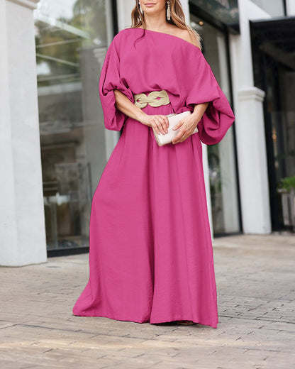 Skew Neck Lantern Sleeve Loose Top & Zipper Fly Wide Leg Pants Set Without Belt