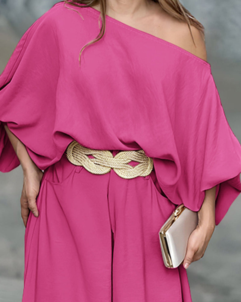 Skew Neck Lantern Sleeve Loose Top & Zipper Fly Wide Leg Pants Set Without Belt