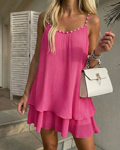 Women's Pearls Embellished Straps Mini Dress Backless Pleated Dress Casual Double Layer Lettuce Trim Cami Sun Dress