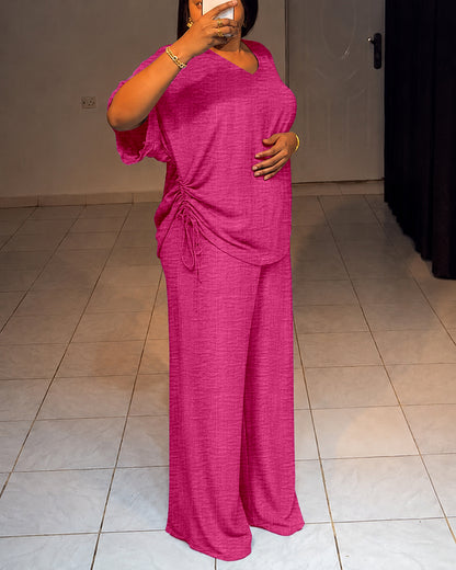 Women's Textured 2 Piece Outfits V Neck Drawstring Ruched Top and Wide Leg Pants Set Casual Loose Loungewear