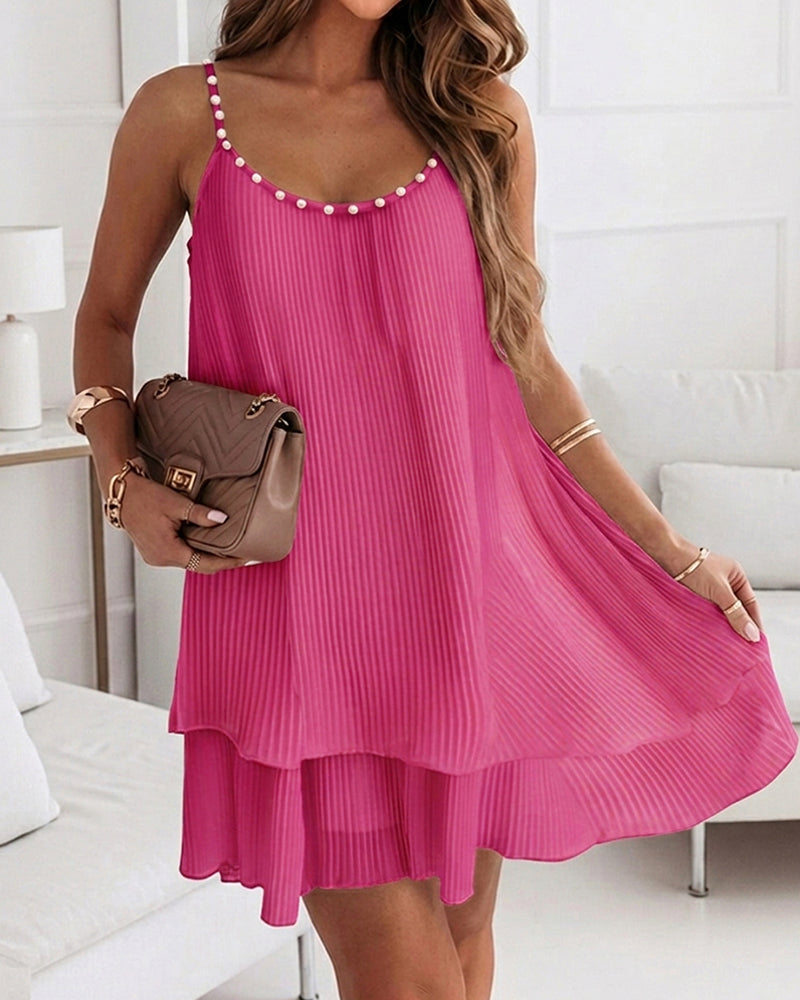 Women's Pearls Embellished Straps Mini Dress Backless Pleated Dress Casual Double Layer Lettuce Trim Cami Sun Dress