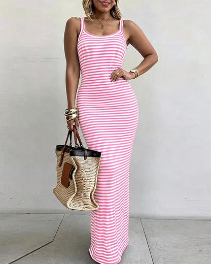 Women's Striped Ribbed Knit Maxi Dress Slim Fit Sleeveless Cami Dress Beach Vacation Sundress