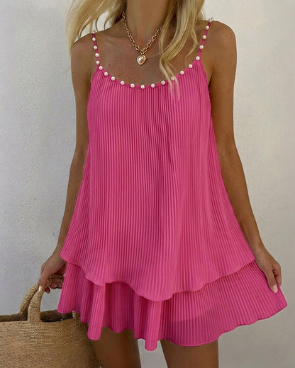Women's Pearls Embellished Straps Mini Dress Backless Pleated Dress Casual Double Layer Lettuce Trim Cami Sun Dress