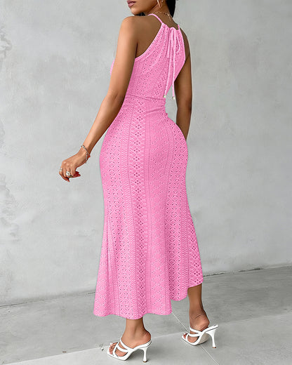 Halter Tie Criss Cross Front Ruched Knit Jacquard Textured Slit Dress Casual Hollow-out Draped Vacation Dress