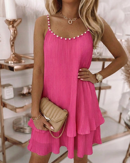 Women's Pearls Embellished Straps Mini Dress Backless Pleated Dress Casual Double Layer Lettuce Trim Cami Sun Dress