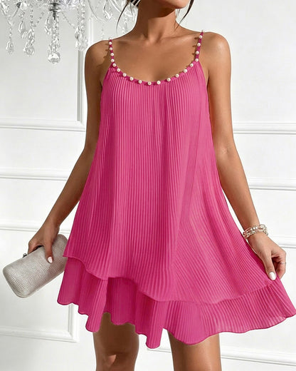 Women's Pearls Embellished Straps Mini Dress Backless Pleated Dress Casual Double Layer Lettuce Trim Cami Sun Dress