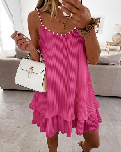 Women's Pearls Embellished Straps Mini Dress Backless Pleated Dress Casual Double Layer Lettuce Trim Cami Sun Dress