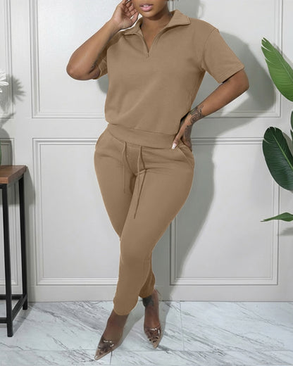 Women's 2-Piece Sporty Set Short Sleeve Half Zip Top and High Waisted Joggers Casual Lounge Outfit with Pockets