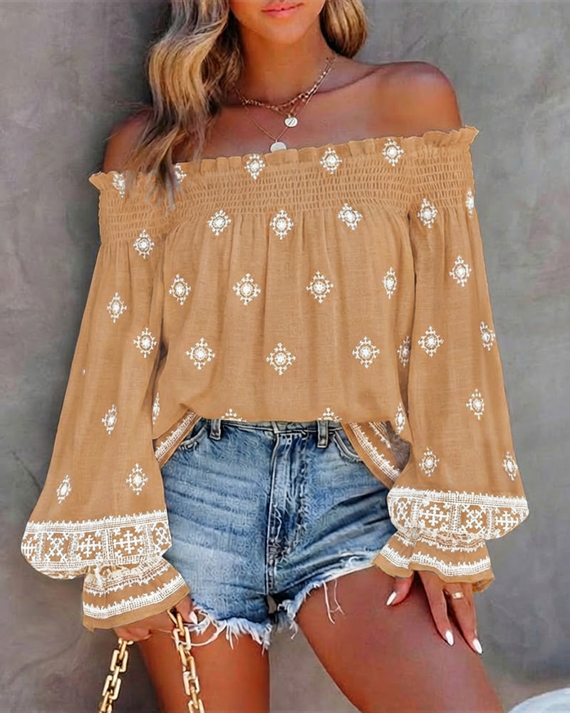Vintage Tribal Placement Print Shirred Off Shoulder Flared Cuffs Blouse Casual Frill Trim Boho Top