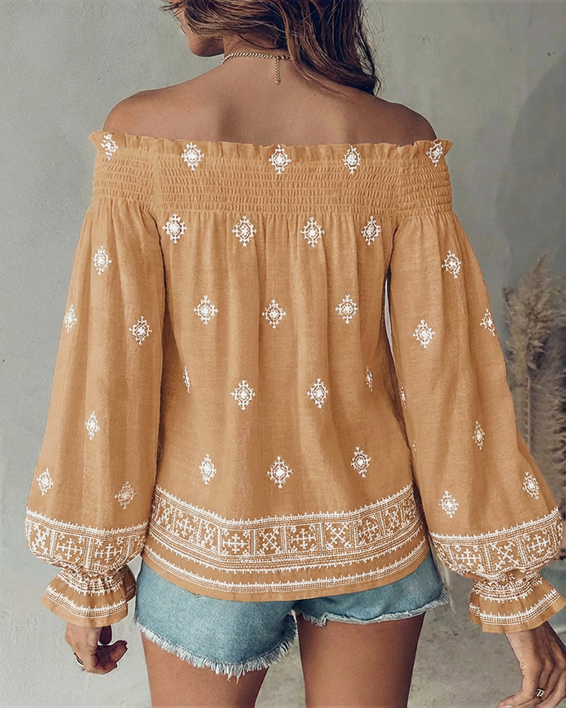 Vintage Tribal Placement Print Shirred Off Shoulder Flared Cuffs Blouse Casual Frill Trim Boho Top