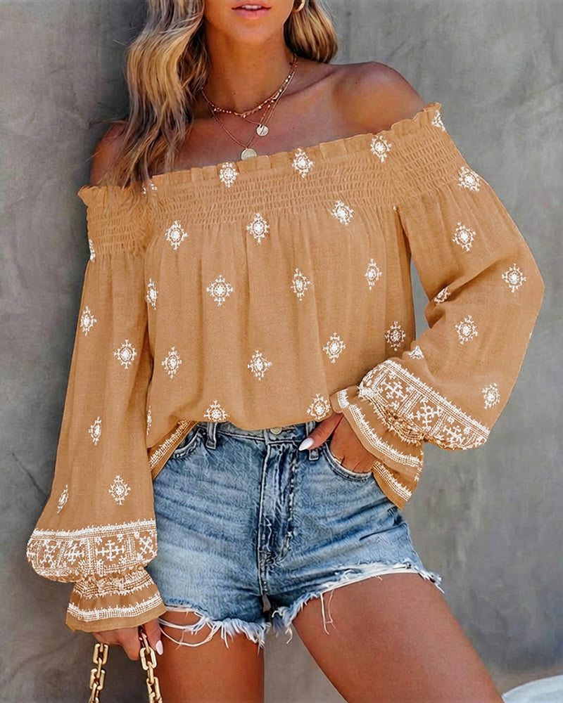 Vintage Tribal Placement Print Shirred Off Shoulder Flared Cuffs Blouse Casual Frill Trim Boho Top