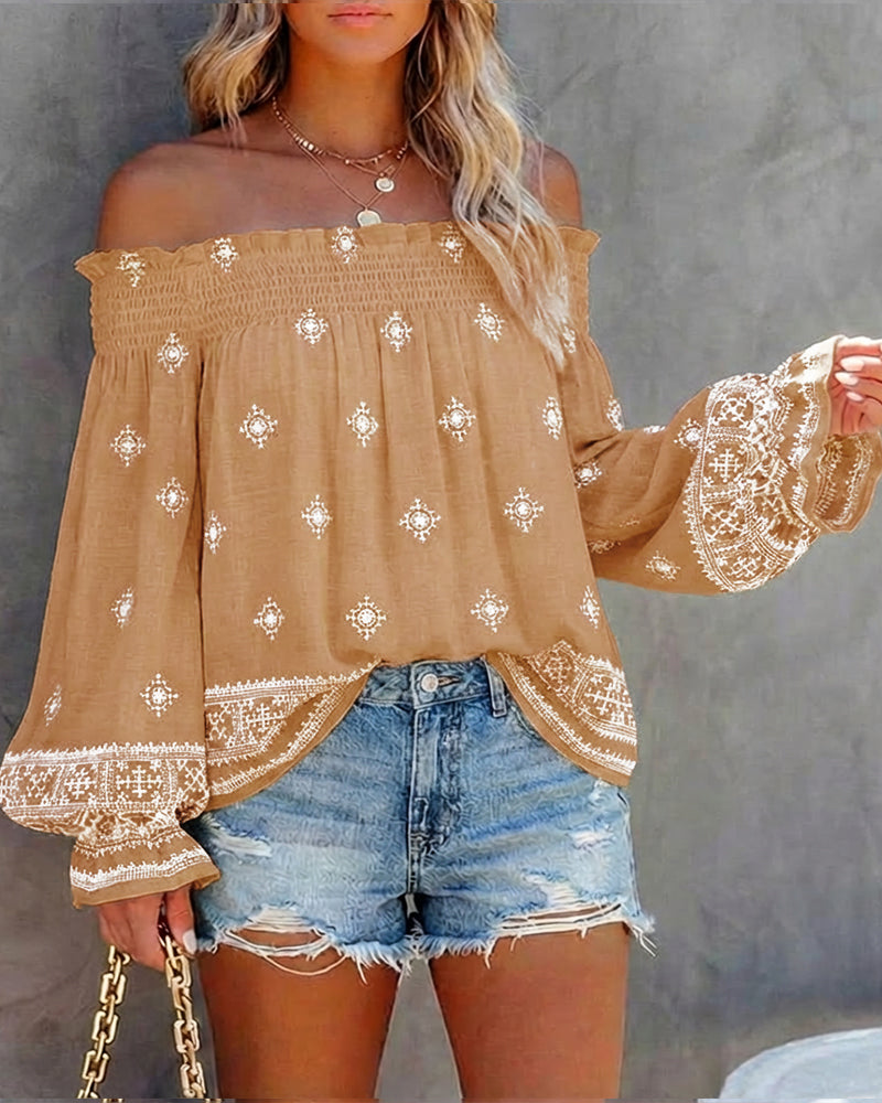Vintage Tribal Placement Print Shirred Off Shoulder Flared Cuffs Blouse Casual Frill Trim Boho Top