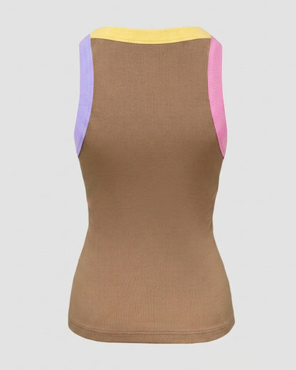Women's Contrast Binding Tank Top Ribbed Knit Sleeveless Scoop Neck Slim Fit Camisole Top with Built-in Bra