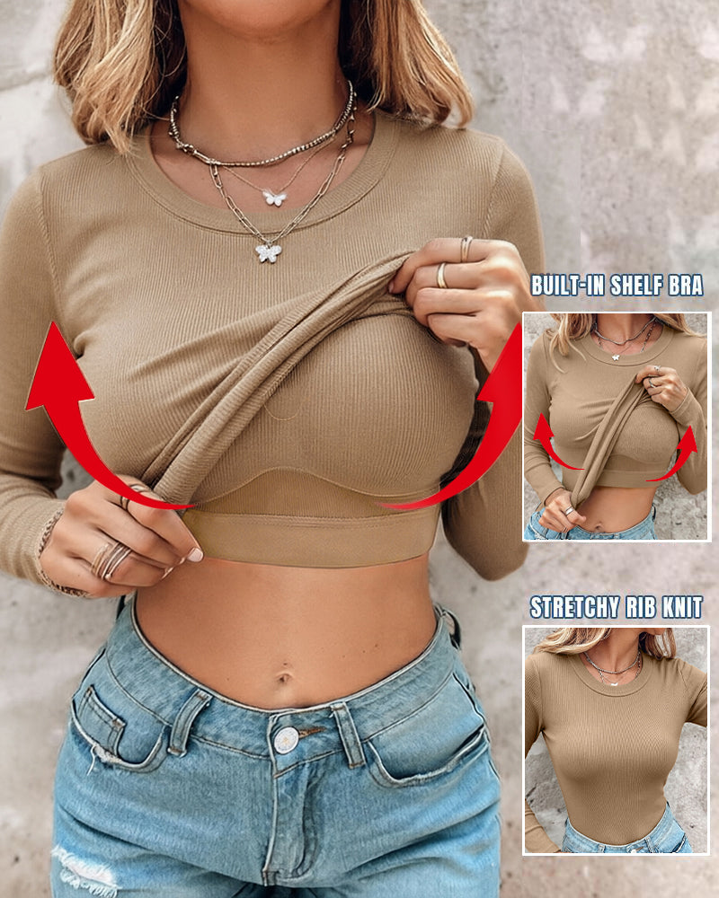 Women's Crewneck Long Sleeve Ribbed Knit Top Slim Fit Base Layer Shirt Soft Stretchy Casual Tee with Built-in Bra