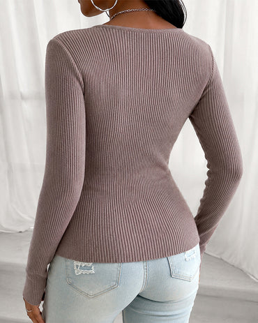 Women's Overlap V Neck Long Sleeve Ribbed Knit Top Rhinestone Side Button Ruched Slim Fit Asymmetric Hem Sweater