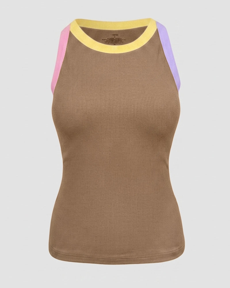 Women's Contrast Binding Tank Top Ribbed Knit Sleeveless Scoop Neck Slim Fit Camisole Top with Built-in Bra