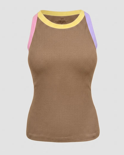 Women's Contrast Binding Tank Top Ribbed Knit Sleeveless Scoop Neck Slim Fit Camisole Top with Built-in Bra