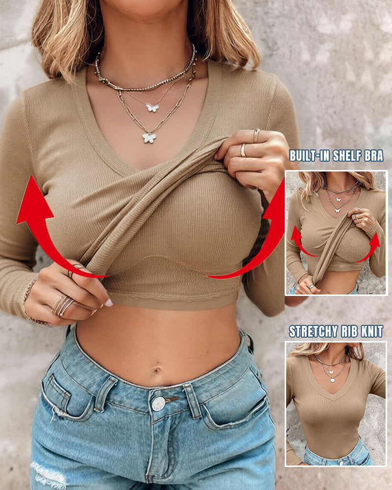 Women's V Neck Long Sleeve Ribbed Knit Top Slim Fit Base Layer Shirt Soft Stretchy Casual Tee with Built-in Bra