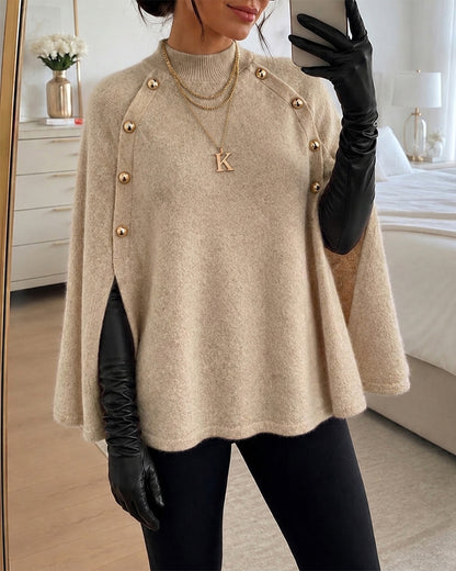 Women's Mock Neck Cape Knit Sweater Loose Old Money Style Pullover Side Slit Batwing Sleeve Winter Warm Cozy Top