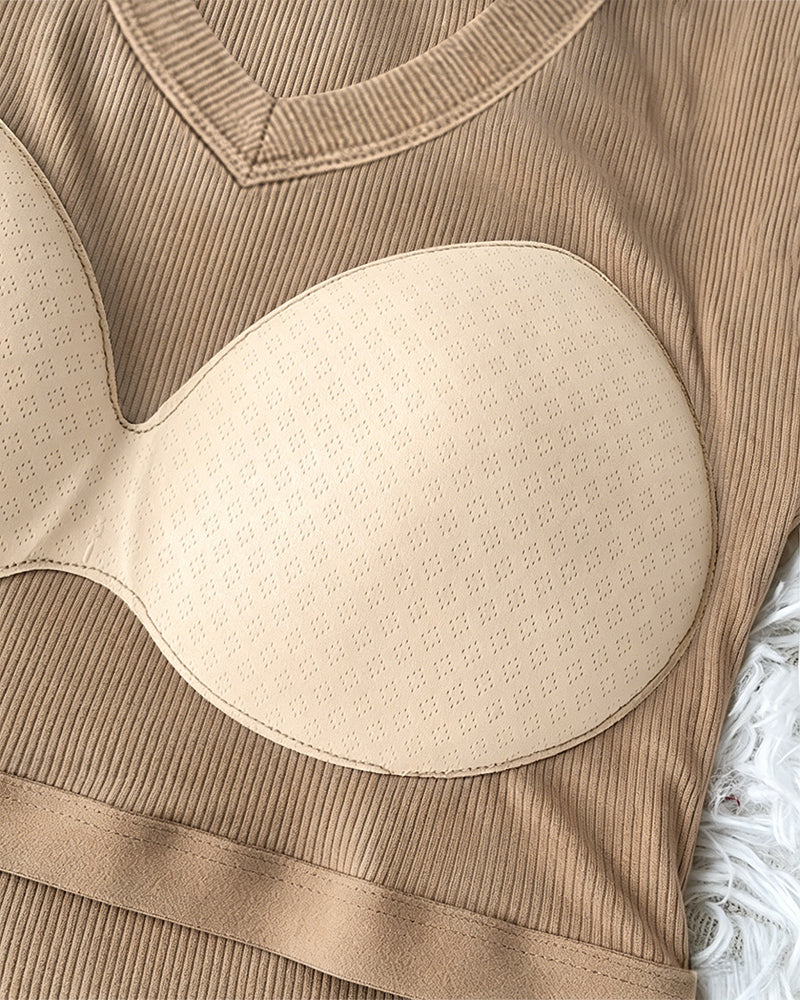Women's V Neck Long Sleeve Ribbed Knit Top Slim Fit Base Layer Shirt Soft Stretchy Casual Tee with Built-in Bra