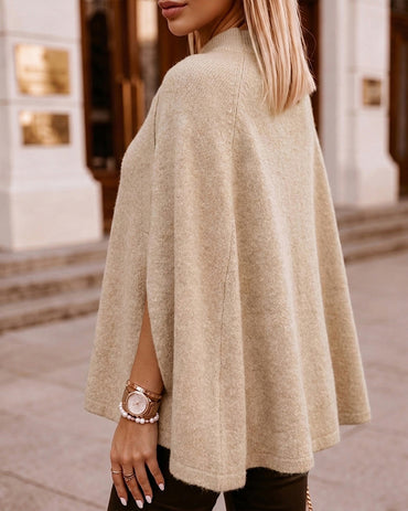Women's Mock Neck Cape Knit Sweater Loose Old Money Style Pullover Side Slit Batwing Sleeve Winter Warm Cozy Top