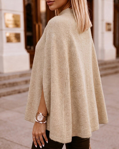 Women's Mock Neck Cape Knit Sweater Loose Old Money Style Pullover Side Slit Batwing Sleeve Winter Warm Cozy Top