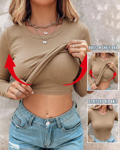 Women's Crewneck Long Sleeve Ribbed Knit Top Slim Fit Base Layer Shirt Soft Stretchy Casual Tee with Built-in Bra