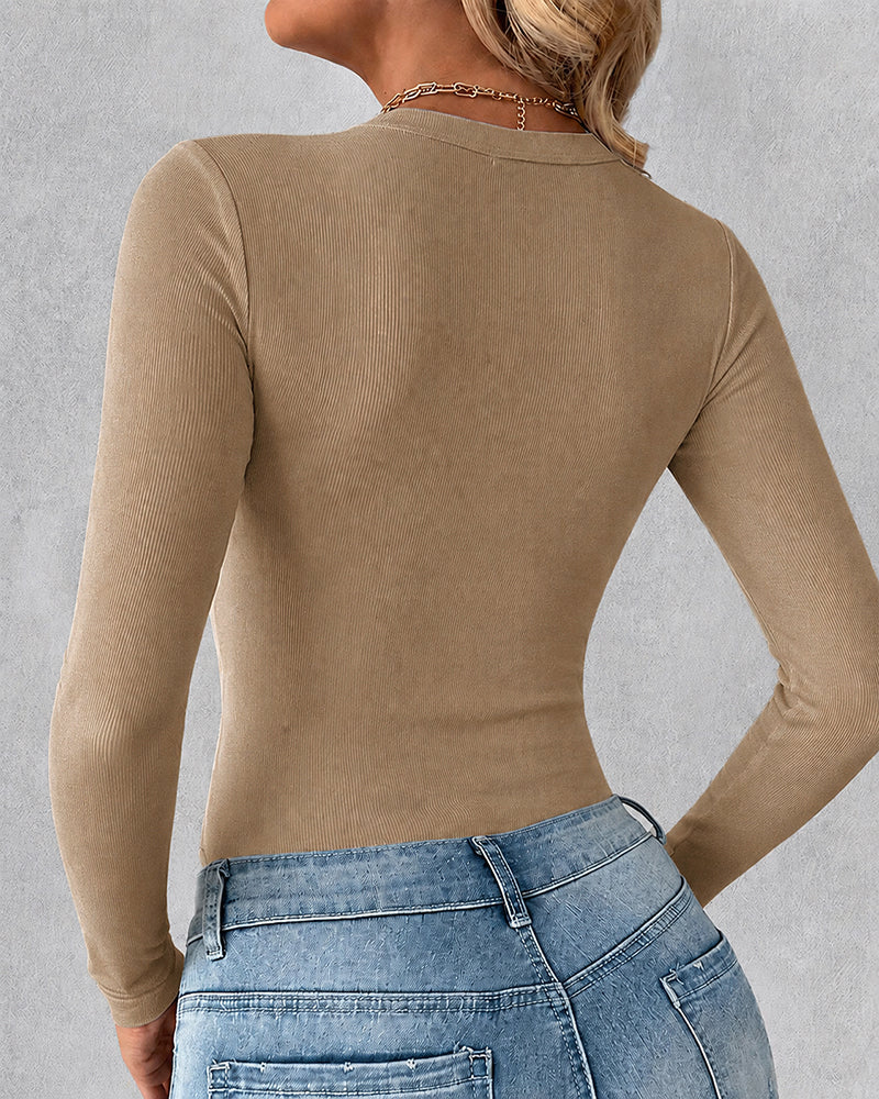 Women's Crewneck Long Sleeve Ribbed Knit Top Slim Fit Base Layer Shirt Soft Stretchy Casual Tee with Built-in Bra