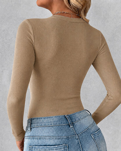 Women's Crewneck Long Sleeve Ribbed Knit Top Slim Fit Base Layer Shirt Soft Stretchy Casual Tee with Built-in Bra