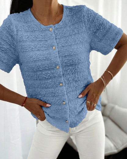 Round Neck Short Sleeve Pearls Button Front Textured Top