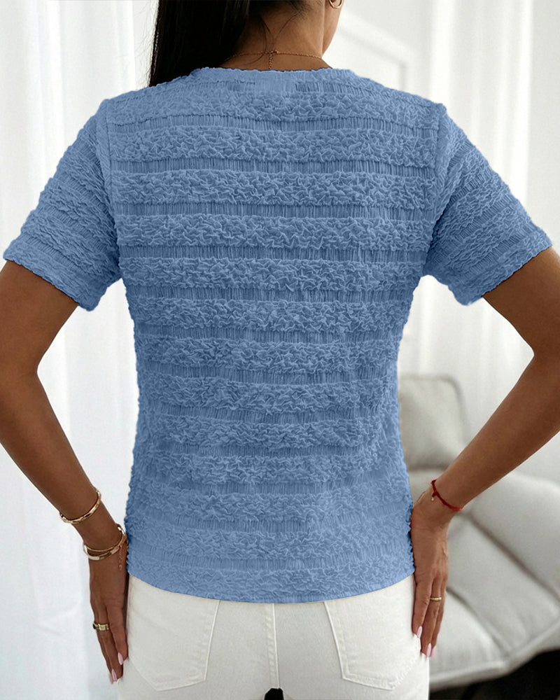 Round Neck Short Sleeve Pearls Button Front Textured Top