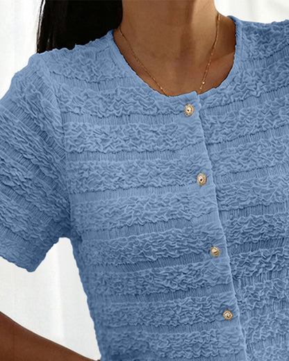 Round Neck Short Sleeve Pearls Button Front Textured Top