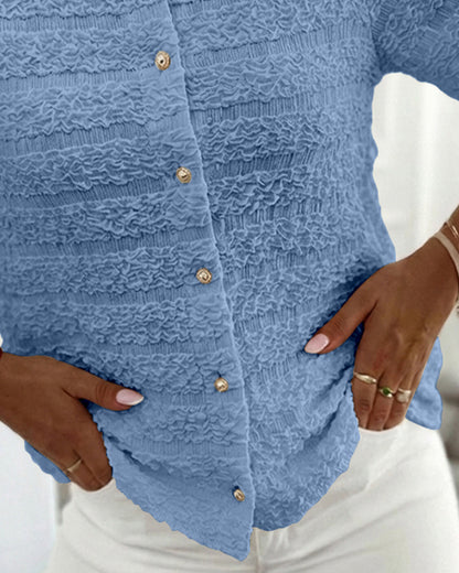 Round Neck Short Sleeve Pearls Button Front Textured Top