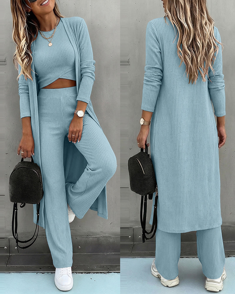 Women's 3 Piece Knit Set Long Cardigan Criss Cross Crop Tank Top and Wide Leg Pants Casual Ribbed Brushed Lounge Set