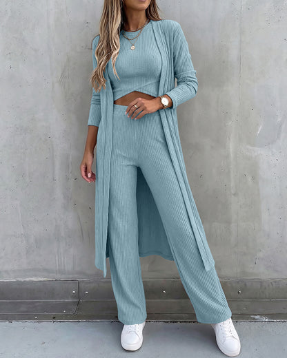 Women's 3 Piece Knit Set Long Cardigan Criss Cross Crop Tank Top and Wide Leg Pants Casual Ribbed Brushed Lounge Set